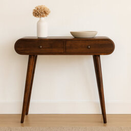 Artisan Furniture Solid Wood Light Walnut Curved Edge Console Table, 2-Drawers, Nordic Legs, Dark Brown - thumbnail 1