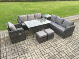 Fimous 9 Seater Rattan Garden Furniture Set Oblong Dining Table And Chairs Set With 3 Seater Sofa Side Table 2 Small Footstools - thumbnail 2