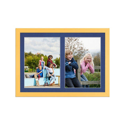 AK Frames 20X14 Mustard Yellow Modern Multi Photo Frame With Blue Mount - Holds 2 Apertures (2X) A4 Photos - image 1
