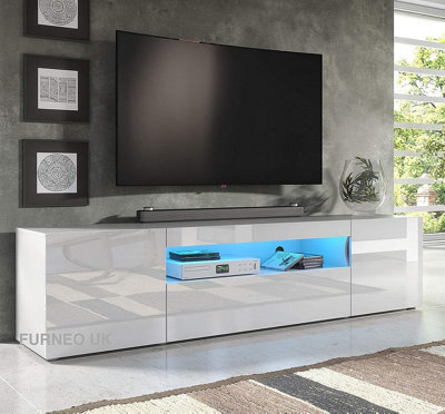 Furneo 200Cm Long Tv Stand Unit Cabinet Matt & High Gloss White Clifton 08 Blue Led Lights - image 1