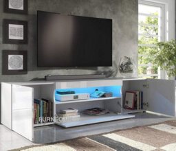 Furneo 200Cm Long Tv Stand Unit Cabinet Matt & High Gloss White Clifton 08 Blue Led Lights - thumbnail 2