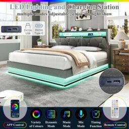 Abrihome 4Ft6 Upholstered Storage Bed With Hydraulic Lift, Led Headboard, Usb/type-C Ports, Grey Linen - No Mattress - thumbnail 4