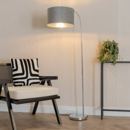 Valuelights Curva Chrome Arched Floor Lamp With Grey Velvet & Chrome Inner Lamp Shade & Bulb - thumbnail 1