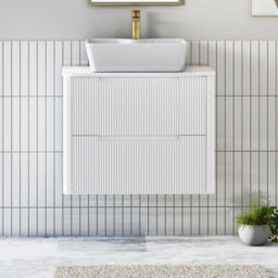 Royal Bathrooms Avenza 600mm Matt White Wall Hung Bathroom Countertop Vanity Unit 2 Drawer With Cube Basin - thumbnail 1