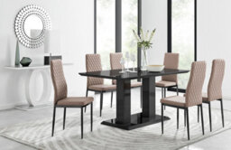 Furniturebox Imperia Black High Gloss 6 Seater Dining Table With Structural 2 Plinth Column Legs 6 Beige Faux Leather Black Leg Milan Chairs - thumbnail 1