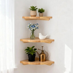 22Cm Oak Floating Corner Shelf Wall Mounted With Cable Hole - thumbnail 1