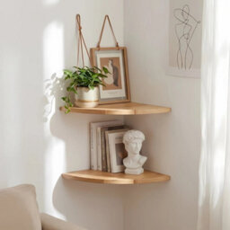 22Cm Oak Floating Corner Shelf Wall Mounted With Cable Hole - thumbnail 3