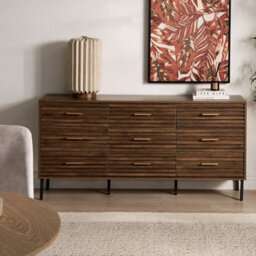 Wyld And Coco Urbanoak 9-Drawer Chest Dark Brown Mdf With Black Iron Hairpin Legs - Wide Modern Rustic Storage - thumbnail 2