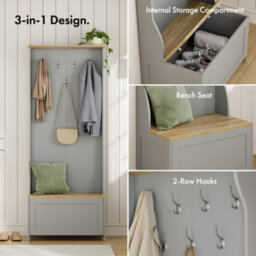 Vonhaus Coat Stand With Shoe Storage, Grey Hallway Unit With 7 Double Hooks & Storage Bench, Hall Tree For Entryway, Ash Hall - thumbnail 3