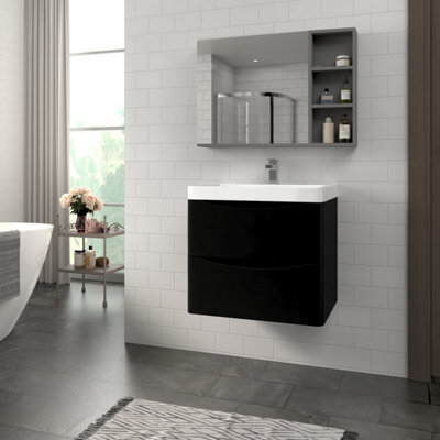 Rinse Bathrooms 600mm Matt Black Wall Hung 2 Drawer Vanity Unit Basin Bathroom Storage Furniture - image 1