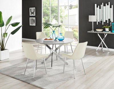 Furniturebox Uk Novara Grey Concrete Effect 120Cm Round Dining Table & 4 Cream Pesaro Silver Chairs - image 1