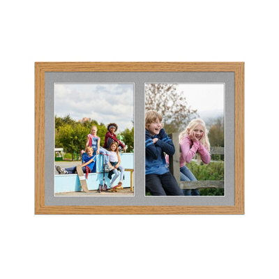 AK Frames 20X14 Oak Modern Multi Photo Frame With Silver Mount - Holds 2 Apertures (2X) A4 Photos - image 1