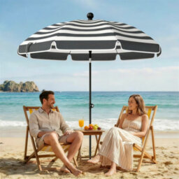 Outsunny 1.8 M Beach Umbrella Parasol With Sand Anchor, Tilt, Grey/white - thumbnail 9