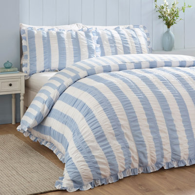 Catherine Lansfield Seersucker Frill Stripe Double Duvet Cover Set With Pillowcases Blue - image 1