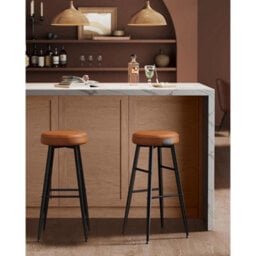 Set Of 2 Bar Stools Caramel Brown Mid Century Modern Faux - thumbnail 5