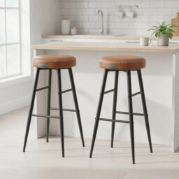 Set Of 2 Bar Stools Caramel Brown Mid Century Modern Faux - thumbnail 6