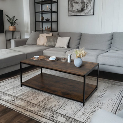 House Of Home Rustic Coffee Table 2 Tier Brown Living Room Table With Metal Frame For Home Decor 100 X 50 X 45Cm - image 1