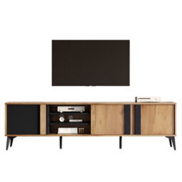 Btm Tv Stand For 80 Inch Tvs  180 Cm Cabinet With 3 Doors And 3 Open Shelves, Steel Frame, Brown And Black - thumbnail 9