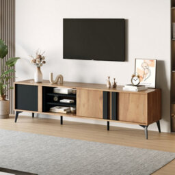 Btm Tv Stand For 80 Inch Tvs  180 Cm Cabinet With 3 Doors And 3 Open Shelves, Steel Frame, Brown And Black - thumbnail 4
