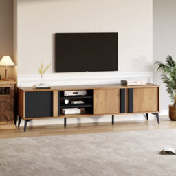 Btm Tv Stand For 80 Inch Tvs  180 Cm Cabinet With 3 Doors And 3 Open Shelves, Steel Frame, Brown And Black - thumbnail 6