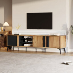 Btm Tv Stand For 80 Inch Tvs  180 Cm Cabinet With 3 Doors And 3 Open Shelves, Steel Frame, Brown And Black - thumbnail 5