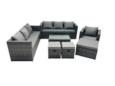 Fimous Rattan Garden Furniture Dining Set 10-Seater Patio Coffee Table Sofa Set With 3 Stools Dark Grey Mixed - image 1