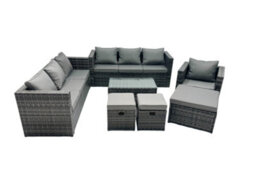 Fimous Rattan Garden Furniture Dining Set 10-Seater Patio Coffee Table Sofa Set With 3 Stools Dark Grey Mixed - thumbnail 1