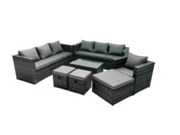 Fimous Rattan Garden Furniture Dining Set 10-Seater Patio Coffee Table Sofa Set With 3 Stools Dark Grey Mixed - thumbnail 2