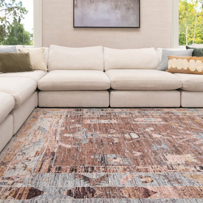 Loomed Tribal Design Cotton Chenille Rug Brown Blue Machine Washable 280Cm X 380Cm - image 1