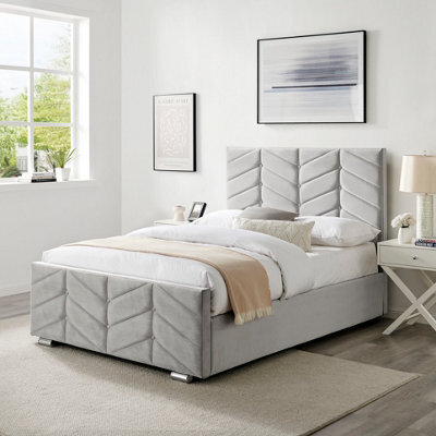 Ecasa Mateo Light Grey Plush Velvet Fabric King Size 5 Ft Bed Frame With Ottoman Storage - image 1