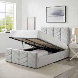 Ecasa Mateo Light Grey Plush Velvet Fabric King Size 5 Ft Bed Frame With Ottoman Storage - thumbnail 2