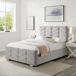 Ecasa Mateo Light Grey Plush Velvet Fabric King Size 5 Ft Bed Frame With Ottoman Storage - thumbnail 1
