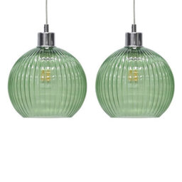 First Choice Lighting Set Of 2 Betchley - Green Ribbed Glass Globe Easy Fit Pendant Shades