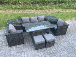 Fimous Garden Furniture Set Patio Rattan Rectangular Dining Table Lounge Sofa Chair With 2 Side Table 2 Small Stools Dark Grey - thumbnail 3