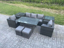 Fimous Garden Furniture Set Patio Rattan Rectangular Dining Table Lounge Sofa Chair With 2 Side Table 2 Small Stools Dark Grey - thumbnail 2