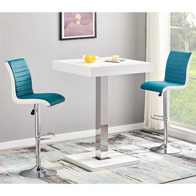 Furniture in Fashion Topaz White High Gloss Bar Table With 2 Ritz Teal White Stools - image 1