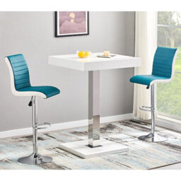 Furniture in Fashion Topaz White High Gloss Bar Table With 2 Ritz Teal White Stools