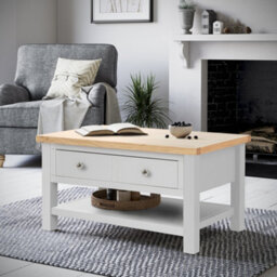 Farro Grey 85Cm Large Coffee Table With Drawer And Shelf - Painted With Oak Top By Roseland Furniture - thumbnail 2