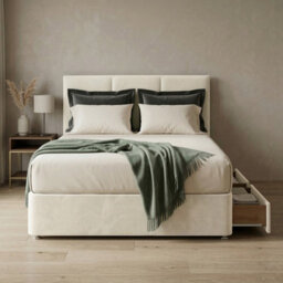 Adore Designs Alton Plush Velvet Divan Bed, Headboard & Mattress - 5Ft Kingsize - Cream - 2 Drawers Foot End - thumbnail 1
