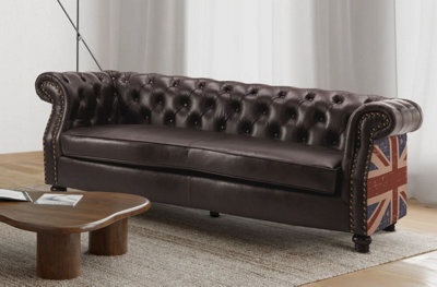 Faux Leather Brown 3 Seater Union Jack Chesterfield Sofa - image 1
