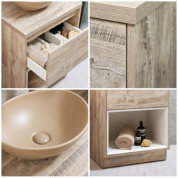 Homestylestore Light Oak 600mm Bathroom Vanity Unit Oval Sand Countertop Basin Open Shelf - thumbnail 2