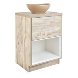 Homestylestore Light Oak 600mm Bathroom Vanity Unit Oval Sand Countertop Basin Open Shelf - thumbnail 1