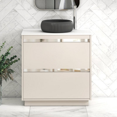 Royal Bathrooms Orion 800mm Warm Taupe Floor Standing Plain White Countertop Vanity Unit 2 Drawer With Milan Black Basin & Chrome Accent Trim - image 1