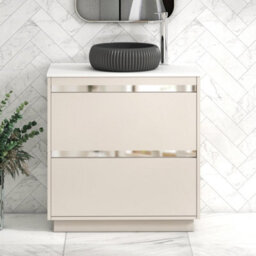Royal Bathrooms Orion 800mm Warm Taupe Floor Standing Plain White Countertop Vanity Unit 2 Drawer With Milan Black Basin & Chrome Accent Trim - thumbnail 1