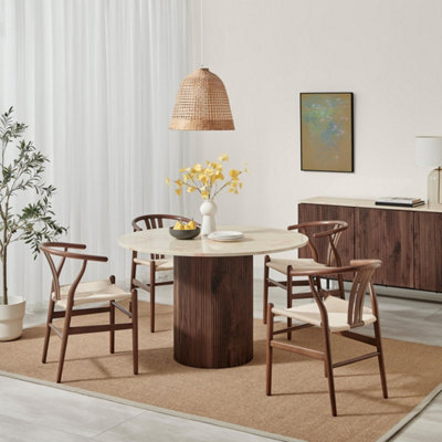 Furniturebox Uk Penrose Walnut And Marble Effect Round Dining Table & 4 Walnut Caia Dining Chairs - image 1