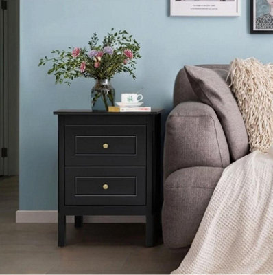 Black Bedside Table Chest Of Drawer, 2 Drawers With Metal Handles And Solid Wood - image 1