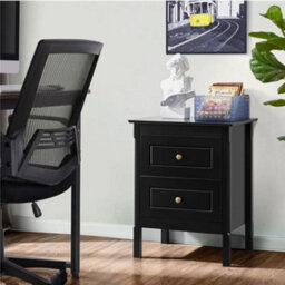 Black Bedside Table Chest Of Drawer, 2 Drawers With Metal Handles And Solid Wood - thumbnail 3