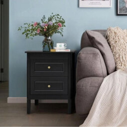 Black Bedside Table Chest Of Drawer, 2 Drawers With Metal Handles And Solid Wood - thumbnail 1