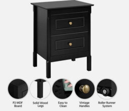 Black Bedside Table Chest Of Drawer, 2 Drawers With Metal Handles And Solid Wood - thumbnail 7