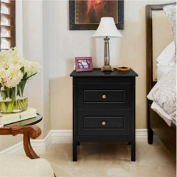 Black Bedside Table Chest Of Drawer, 2 Drawers With Metal Handles And Solid Wood - thumbnail 4